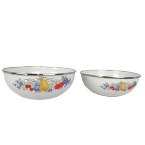 Set 2 Vtg White Metal Enamelware Fruit Serving Mixing Nesting Bowls Kobe Japan?